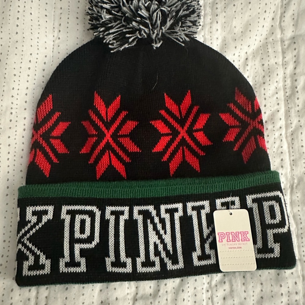 PINK Victoria's Secret Black and Red Nordic Pom-Pom Hat